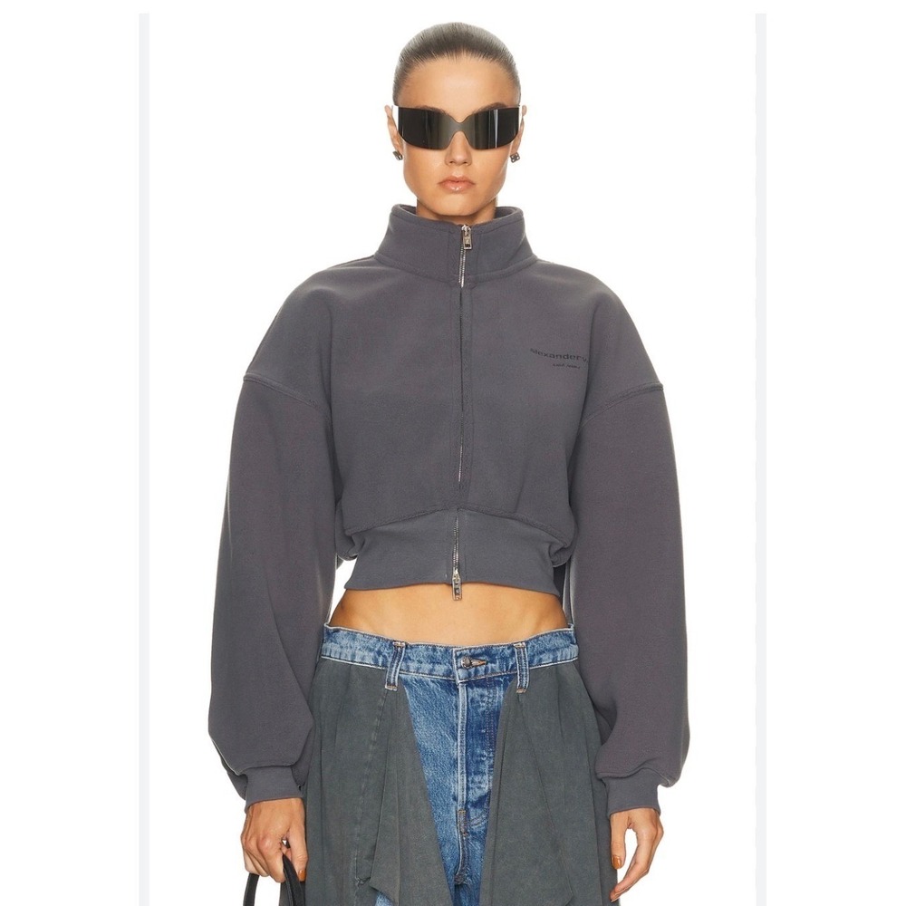 Alexander Wang Women XL Grey Fleece Cropped Zip Up Jacket Logo Portugal RN161085